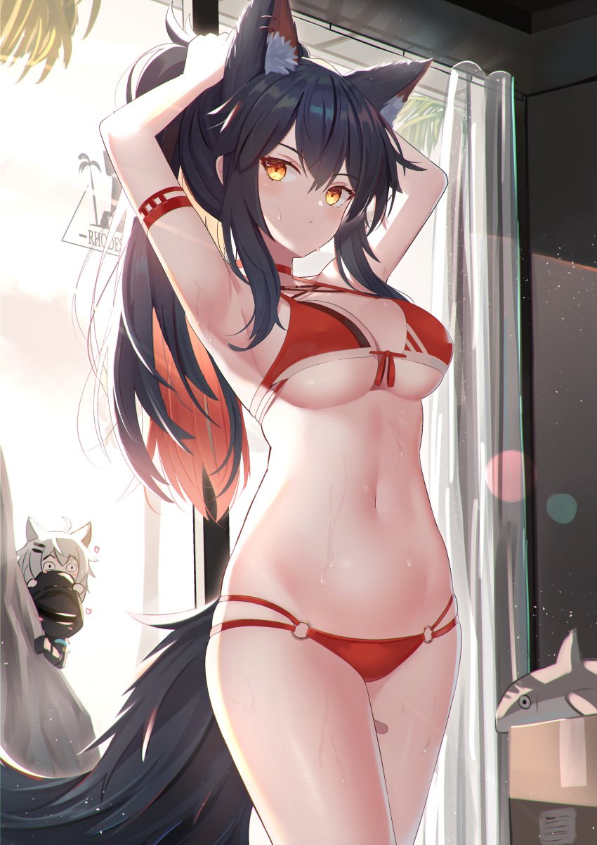 1boy 2girls absurdres animal_ears arknights armband armpits arms_behind_head arms_up bare_shoulders bikini black_hair breasts bunching_hair choker cleavage cowboy_shot doctor_(arknights) extra_ears female front-tie_bikini front-tie_top halterneck highres lappland_(arknights) long_hair looking_at_viewer medium_breasts mirufuaa multi-strapped_bikini multicolored_hair multiple_girls navel o-ring o-ring_bikini orange_eyes ponytail red_bikini red_choker solo_focus standing stomach string_bikini sweat swimsuit tail texas_(arknights) thighs two-tone_hair wolf_ears wolf_girl wolf_tail