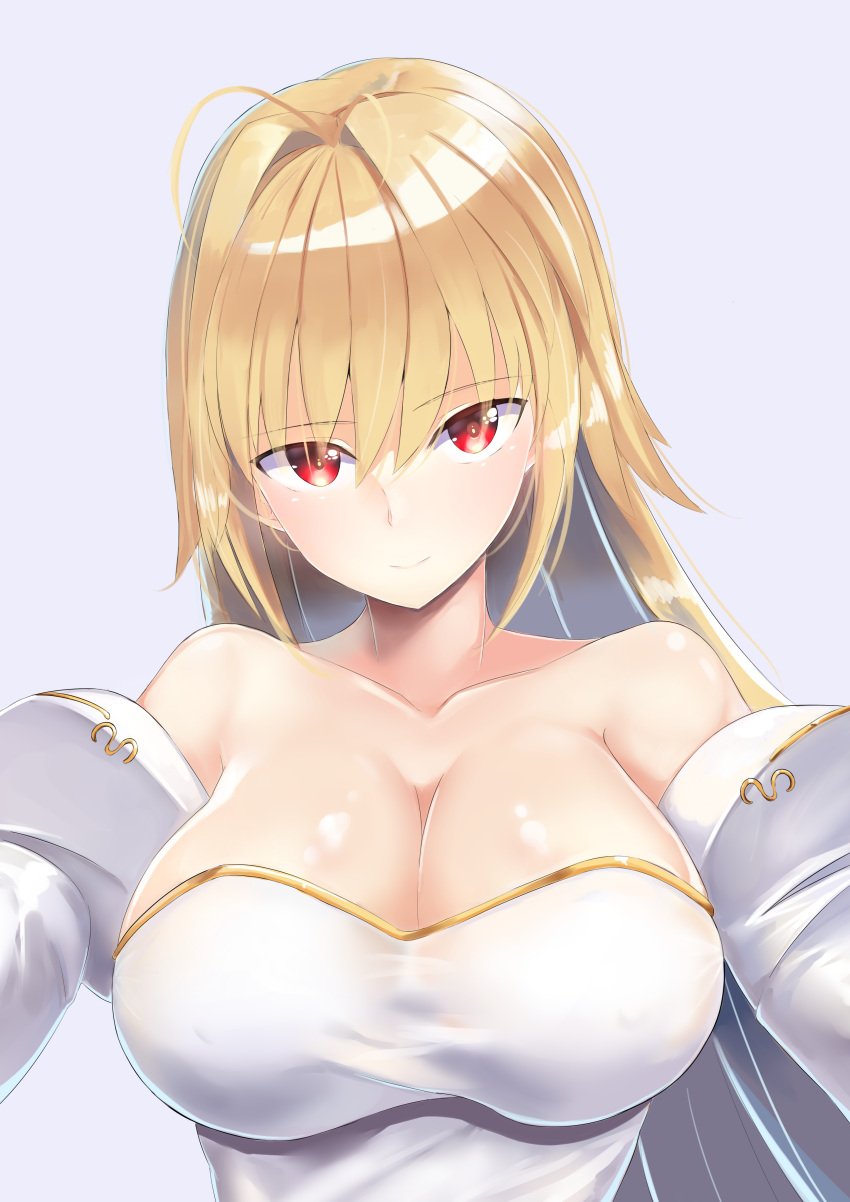 archetype_earth arcueid_brunestud bare_shoulders big_breasts blonde_hair cleavage detached_sleeves female female_only hair_intakes hi_res i.f.s.f long_hair looking_at_viewer nipple_bulge red_eyes smile solo tsukihime type-moon upper_body