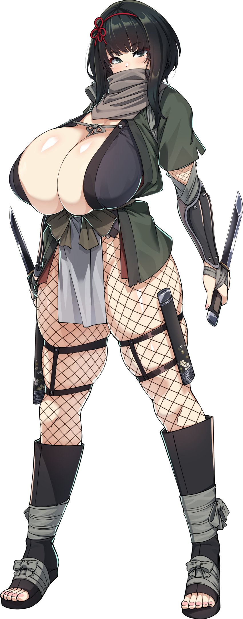 armor big_breasts black_eyes black_hair blush boots cleavage covered_nipples female female_only fishnet fishnet_legwear fishnets full_body hairband haori huge_breasts japanese_clothes knife kunoichi looking_at_viewer massive_breasts mesh_shirt ninja ninja_(konoshige) original overflowing_breasts pelvic_curtain ryuun_(stiil) scarf short_hair short_hair_with_long_locks solo standing thick_thighs thigh_strap toeless_legwear weapon wide_hips