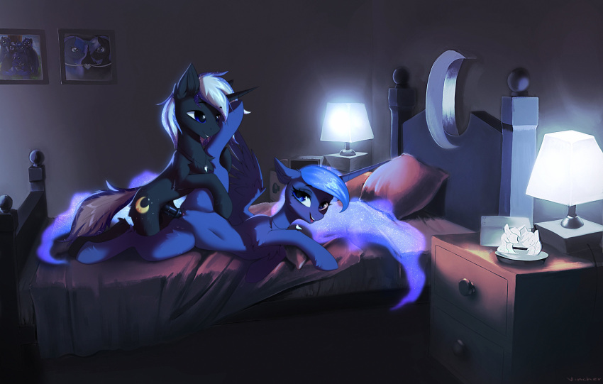 absurd_res alicorn amulet anatomically_inaccurate bed bedroom canon_x_oc duo equid equine ethereal_hair ethereal_mane eye_contact female feral friendship_is_magic furniture g4 hi_res horn jewelry lamp lidded_eyes looking_at_another looking_back male male/female male_penetrating mammal my_little_pony night_shadow oc:night_shadow penetration picture_frames pillow princess_luna_(mlp) pseudo_hair pseudo_mane raised_leg sex smile vaginal_penetration vincher wings