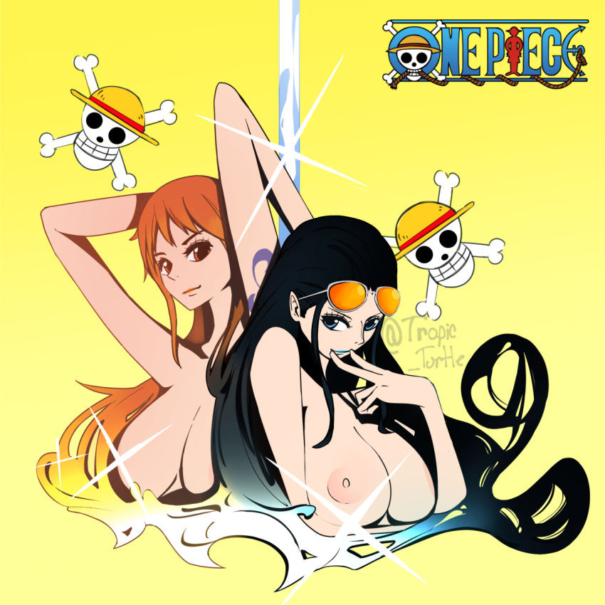 2girls areolae arms_up artistic artistic_nude big_breasts black_hair blue_eyes breasts brown_eyes female female_only multiple_girls nami nico_robin nipples nude one_piece orange_hair panty_&_stocking_with_garterbelt posing post-timeskip shoulder_tattoo sunglasses sunglasses_on_head tattoo topless tropic_turtle twitter_username water yellow_background