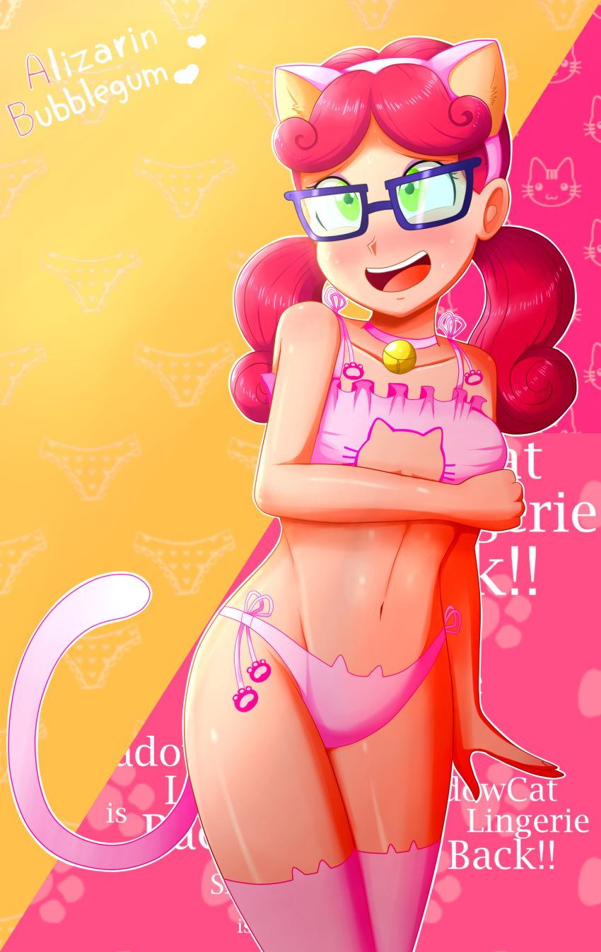 1girls alizarin_bubblegum artist_signature bra breasts cat_bell cat_ears cat_keyhole_bra cat_lingerie cat_tail character_name choker cleavage cleavage_cutout embarrassed equestria_girls female female_only friendship_games friendship_is_magic glasses hasbro hi_res highres lingerie looking_at_viewer megane meganekko my_little_pony navel nerdy_female open_mouth panties side-tie_panties signature solo solo_female stockings tail the-butch-x thighhighs