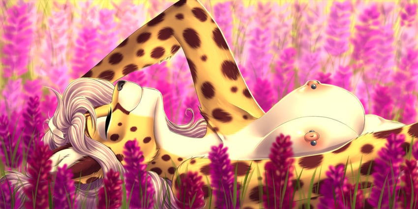 anthro blonde_hair cheetah closed_eyes detailed_background felid feline female fur hair mammal mrrrn multicolored_body multicolored_fur nipple_piercing nipples piercing smile solo two_tone_body two_tone_fur yellow_body yellow_fur