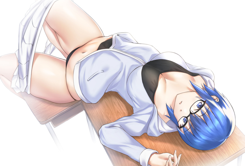 black_panties blue_eyes blue_hair ciel ciel_(tsukihime) cleavage desk female female_only glasses hoodie jacket k88067 looking_at_viewer medium_breasts on_back on_desk panties short_hair skirt_down solo sweatshirt tsukihime type-moon