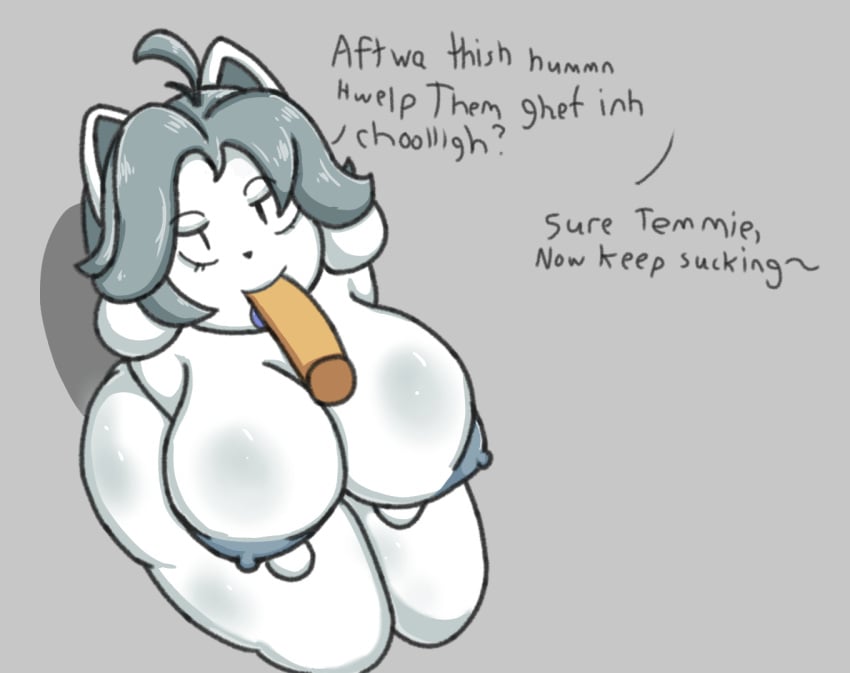 anthro big_breasts breasts color colored edit english_text fellatio female female_focus female_penetrated fur furry huge_breasts human human_on_anthro humanoid_penis interspecies kingfurryjion kneel male naive on_knees oral_penetration oral_sex sex straight temmie temmie_(undertale) text third-party_edit undertale voluptuous