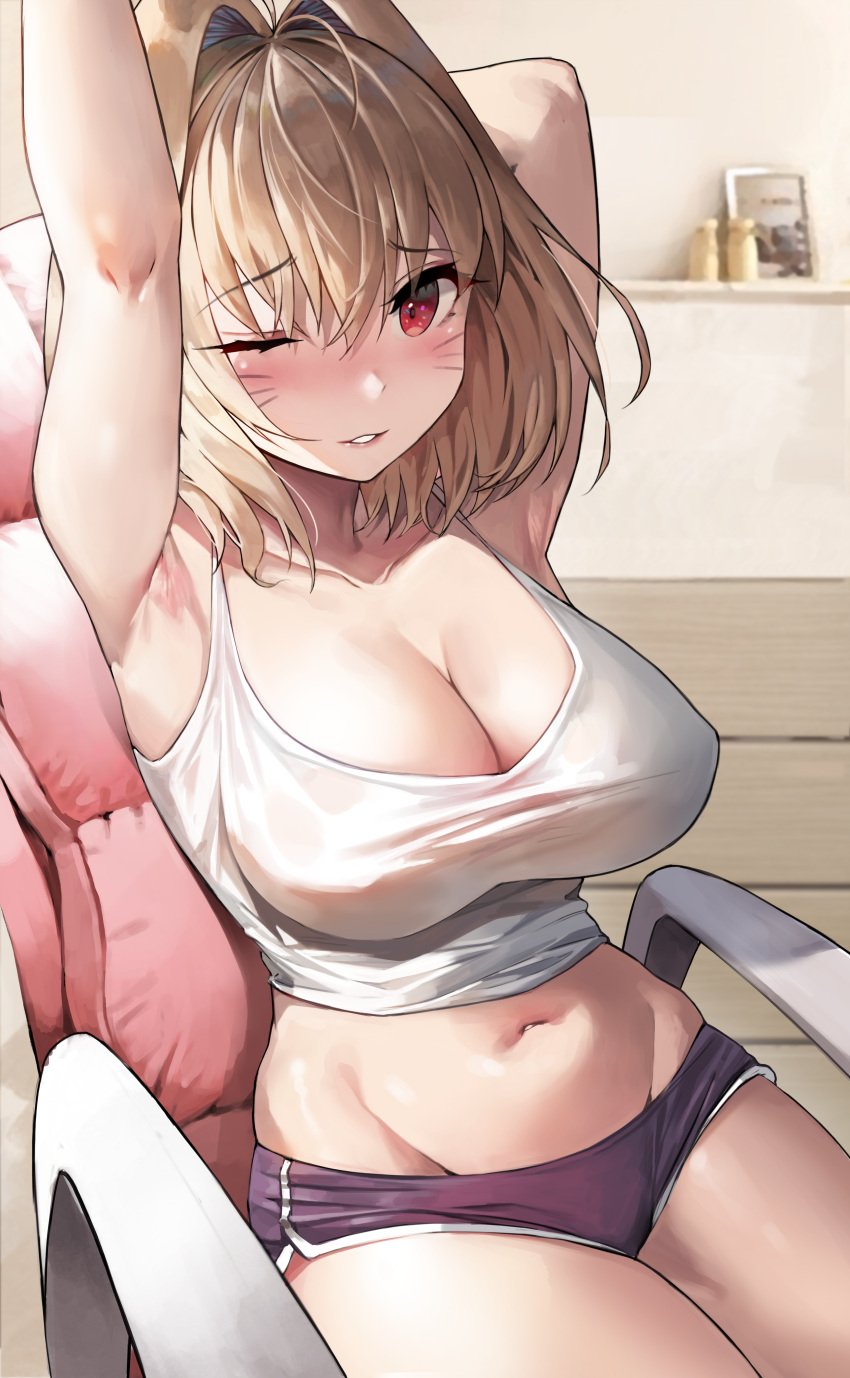 arcueid_brunestud armpit_crease arms_up big_breasts blonde_hair blush camgirl cleavage crop_top female female_only gym_shorts hair_intakes looking_at_viewer navel no_bra one_eye_closed recording red_eyes short_hair short_shorts shorts sitting smile solo streamer streaming stretching suou-sensei tank_top thick_thighs tsukihime type-moon whiskers white_shirt wink