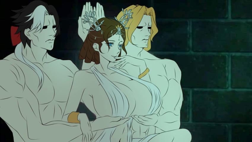 2boys big_breasts bloody_queen breasts covered_nipples huge_breasts identity_v joseph_desaulniers lady_bella mary_(identity_v) muscular_male pale-skinned_female pale-skinned_male partially_clothed raphaella(artist) servants_holding_aphrodite's_breasts_(meme) straight touching_breast