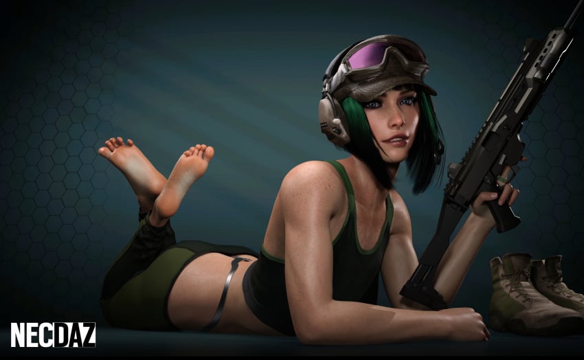 1girls 3d barefoot blue_eyes cap clothed ela_(rainbow_six) feet feet_up female female_only freckles goggles goggles_on_head green_hair gun hat headset highres lipstick looking_at_viewer necdaz91 on_stomach pinup pinup_pose rainbow_six rainbow_six_siege rifle shoes_removed smile soles solo the_pose