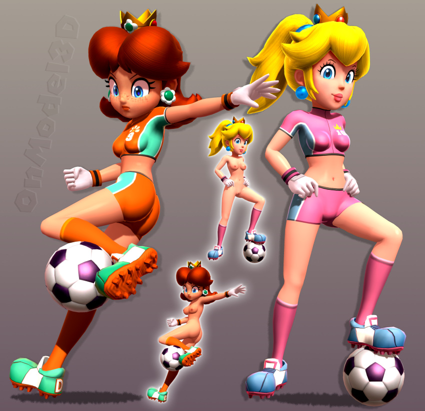 2girls 3d 3d_(artwork) accurate_art_style alternate_version_at_source ass blank_background blonde_hair blue_eyes breasts butt crown duo football football_(ball) football_player football_uniform freckles ginger_hair gloves gradient_background light-skinned_female light_skin lips lipstick looking_at_viewer looking_down mario_(series) mario_strikers midriff nintendo nude nude_female onmodel3d orange_shirt orange_shorts orange_socks pink_shirt pink_shorts pink_socks ponytail princess_daisy princess_peach render self_upload shoes short_hair short_shirt shorts shoulder_length_hair soccer soccer_ball soccer_shoes soccer_uniform socks tan-skinned_female tan_skin tied_hair tight_clothing white_gloves