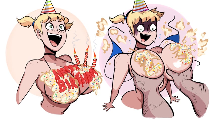 1girls alternate_version_at_source big_breasts birthday birthday_cake birthday_candle birthday_hat blonde_hair blue_eyes breast_grab distress dj_(hellonearthiii) hellonearthiii muscular_male partial_male pripyatory_(hellonearthiii) smile wardrobe_malfunction