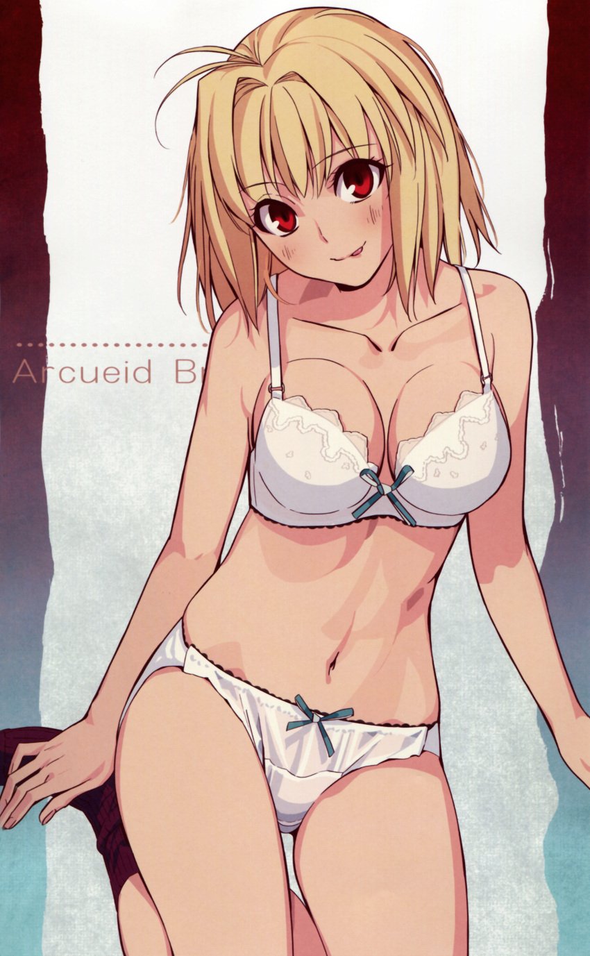 00s ahoge arcueid_brunestud blonde_hair blush bra cleavage female female_only hair_intakes hi_res lace-trimmed_bra lace-trimmed_panties looking_at_viewer medium_breasts medium_hair morii_shizuki panties red_eyes short_hair sitting smile solo tongue_out tsukihime type-moon white_bra white_panties