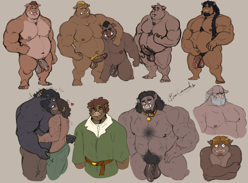 anthro arm_around_shoulders balls beard black_body black_fur blush bottomwear braided_hair braided_ponytail brown_body brown_fur brown_hair bulge clothing dark-skinned_male dark_skin erection eyewear facial_hair fur gay genitals glasses group hair heart hi_res human human_on_anthro humanoid interspecies kissing larger_anthro larger_male long_hair male male/male male_only mammal musclegut muscular muscular_anthro muscular_male nipples nude orc orc_male pants pecs penis ponytail pubes pure_command romantic size_difference smaller_human smaller_male stubble suina tusks white_hair