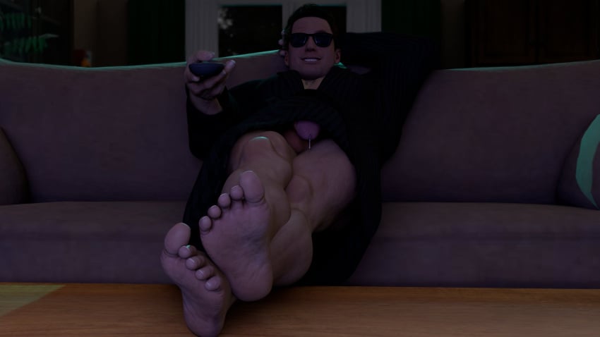 alone crossed_legs elmamoru flaccid flaccid_cock flaccid_penis hand_behind_head in_the_dark johnny_cage late_night laying_on_couch leaking leaking_precum male male_focus male_only masculine mortal_kombat mortal_kombat_11 netherrealm_studios precum precum_drip precum_on_penis robe_only smiling solo solo_focus solo_male stretched_out_legs tattoo_on_chest tv_remote watching_tv