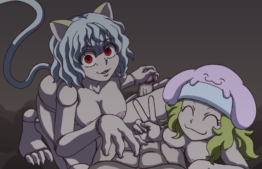 1boy 2girls animal_ears breasts cat_ears cat_girl cat_tail chimera_ant female handjob hat hina_(hunter_x_hunter) humanoid hunter_x_hunter large_breasts lewdthealess long_hair looking_at_viewer male multiple_girls naked neferpitou nipples nude pale-skinned_female pale_skin penis pov short_hair shounen_jump smiling tail v villainess white_hair