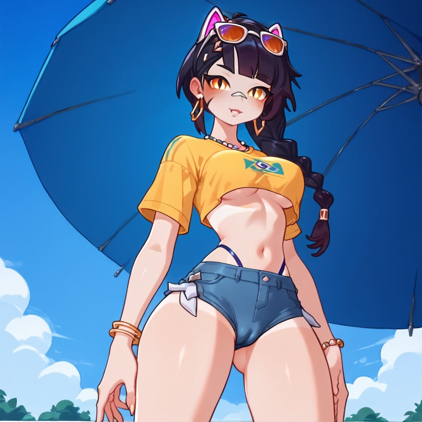 1girls ai_generated blush braid brazilian breasts cameltoe cat_ears catgirl clothed clothed_female clothing court_queen_erisa_(fortnite) erisa_(fortnite) female female_only fortnite from_below jewelry stable_diffusion tanline underboob uwuia