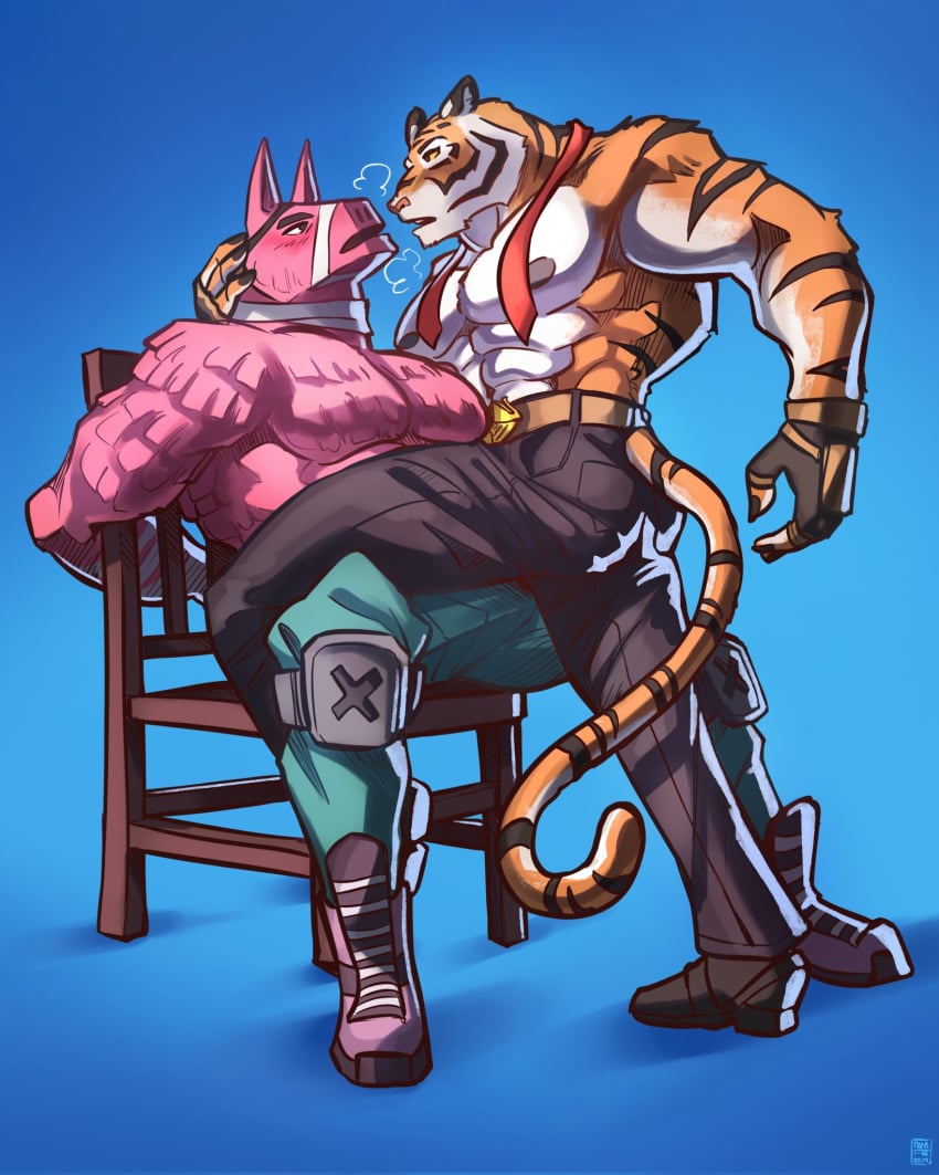 2boys 8guacamole abs animate_inanimate anthro belt black_stripes blush blush_lines boots bound bulge camelid chair clothed clothing duo epic_games eye_contact eye_patch eyewear felid footwear fortnite fur furniture gay hi_res living_pinata llama looking_at_another lt._john_llama male male/male mammal muscular muscular_anthro muscular_male necktie nipples orange_body orange_fur oscar_(fortnite) pantherine pecs pinata pink_body pink_fur stripes tail tiger topless topless_anthro topless_male white_body white_fur