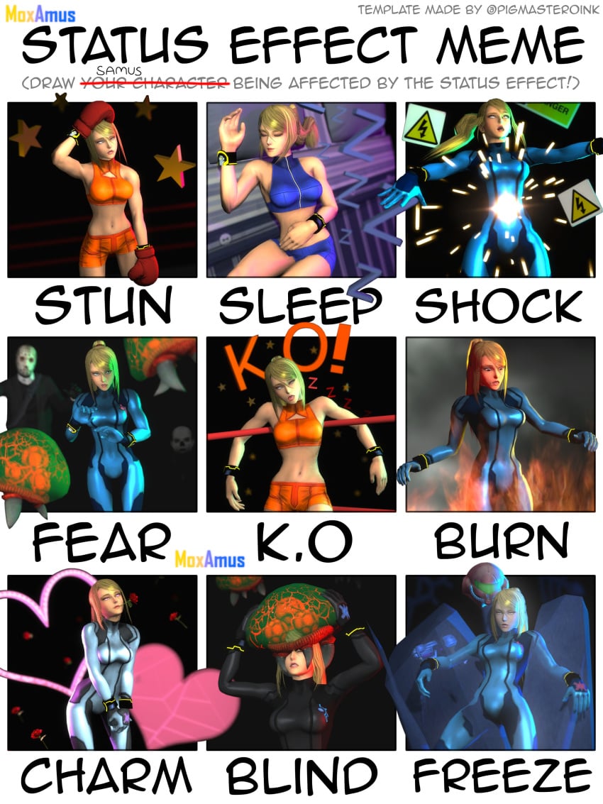 1girls 3d arms_up asymmetrical_hair blind blonde_hair bodysuit charmed chloroform defeated defeated_heroine electricity electrocution empty_eyes eyes_rolling_back fainted fear female fighting fire frozen gameplay_mechanics grabbing humiliation hypnosis knocked_out metroid metroid_(creature) mind_break mind_control moxamus nintendo parasite passed_out rolling_eyes ryona samus_aran scared skin_tight skinsuit sleeping sleepy spacesuit status_effect stunned unconscious video_games wrestling zero_suit zero_suit_samus