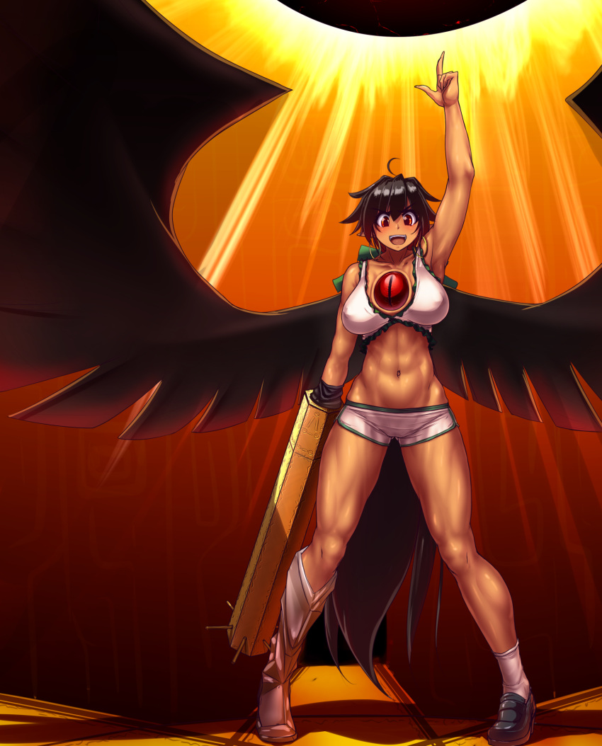 >:d :d abs adapted_costume ahoge arm_at_side arm_cannon arm_up armpits asymmetrical_footwear backlighting bikini bikini_top_only black_footwear black_hair black_wings blush boots breasts breasts_apart collarbone covered_erect_nipples dark-skinned_female dark_skin earrings flipped_hair frills full_body gluteal_fold gradient_background grey_socks hater_(hatater) highres hoop_earrings index_finger_raised jewelry knee_boots large_breasts legs_apart loafers looking_at_viewer mismatched_footwear muscular muscular_female navel open_mouth red_eyes reiuji_utsuho shiny_skin shoes short_hair short_shorts shorts single_boot single_shoe sky smile socks solo stomach sun swimsuit teeth third_eye toned touhou unaligned_breasts v-shaped_eyebrows weapon white_bikini white_footwear white_shorts wings