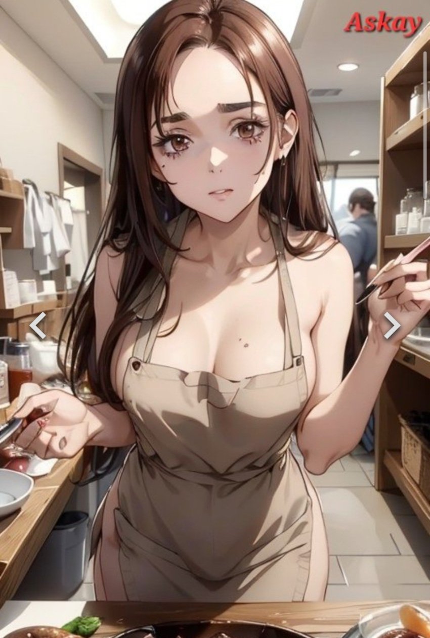 ai_generated apron apron_only beauty_mark brown_hair cleavage cooking curvy_female jujutsu_kaisen long_hair naked_female petite_female shoko_ieiri