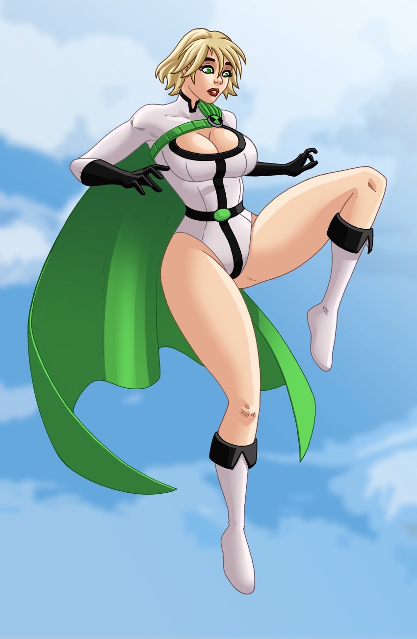 alien alien_girl alien_humanoid ben_10 ben_10000 ben_tennyson black_gloves blonde_hair breasts_bigger_than_head brown_hair cartoon_network cleavage cleavage_window curvaceous curvy_female curvy_figure dc dc_comics female_ben gender_transformation genderswap genderswap_(mtf) green_cape green_eyes kryptonian large_breasts omnitrix power_ben power_girl_(cosplay) rule_63 superhero_costume white_boots white_leotard wide_hips