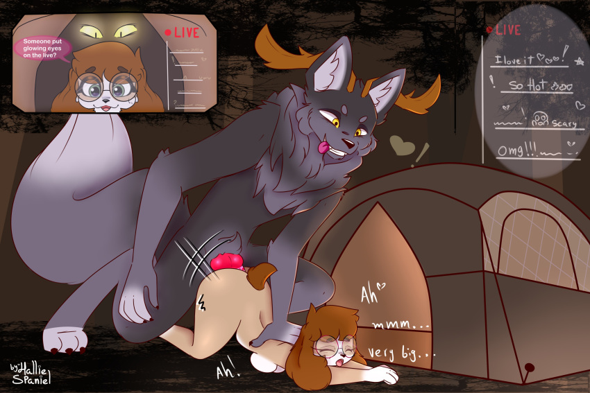 1boy 1boy1girl 1girls 2024 2d 2d_(artwork) 2d_artwork 3_toes 4_fingers absurd_res absurd_resolution absurdres anthro antlers ass_up behind_you bent_over big_dom_small_sub big_ears big_tail black_nose breasts camping camping_tent canid canine canis chat_box chest_tuft clenched_teeth closed_eyes cock commission commission_art dialogue dialogue_bubble dick digital_art digital_drawing digital_drawing_(artwork) digital_media digital_media_(artwork) digital_painting_(artwork) dipstick_tail domestic_dog dominant duo english english_dialogue english_text exclamation exclamation_mark exclamation_point exclamation_sign eyewear female forest glasses glowing glowing_eyes halliespaniel heart hi_res high_resolution highres horn interspecies knot knotted_penis large_male livestream long_arms lying_on_ground male male/female mammal maned_wolf markings moan neck_tuft night nude penetration penile penile_penetration penis pinned pinned_by_hand pinned_to_ground plant questionable_consent rawna round_glasses sex shih_tzu side_boob size_difference small_tail smile straight straight_sex stream stream_chat streaming tail tail_markings teeth text text_bubble tongue tongue_out toy_dog tree tuft unsuspecting_victim were werecanid werecanine werewolf white_tail_tip white_text