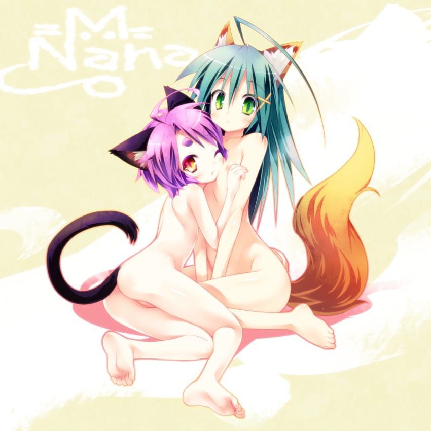 2girls ahoge animal_ears ass barefoot cat_ears cat_tail eyebrows feet flat_chest fox_ears fox_tail green_eyes green_hair hair_ornament hairclip highres long_hair looking_at_viewer mizuki_kotora multiple_girls nana_muted_xilofon nipples nude original purple_hair pussy short_hair soles tail thick_eyebrows toes wink