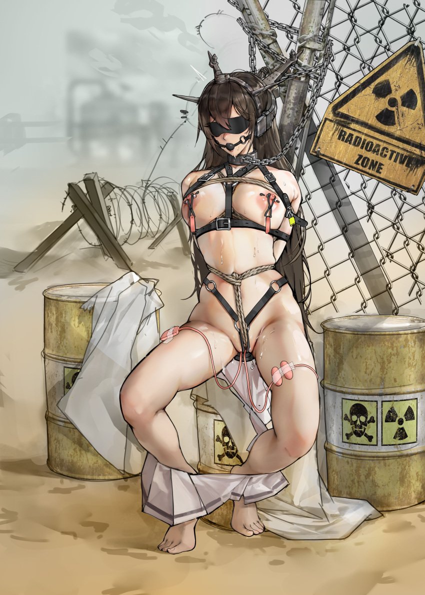 absurdres arms_behind_back ball_gag black_blindfold black_hair blindfold blush bondage bound bound_arms breast_bondage breasts chain-link_fence chains covered_eyes crotch_rope drum_(container) female female_only femsub fence gag gagged gdhs hair_between_eyes headgear highres kantai_collection kinbaku large_breasts long_hair miniskirt nagato_(kantai_collection) nipple_piercing nude piercing pleated_skirt post_apocalypse post_apocalyptic radiation_symbol restrained rope rope_bondage shiba*ri shibari_over_clothes skirt skirt_around_ankles solo_female white_skirt