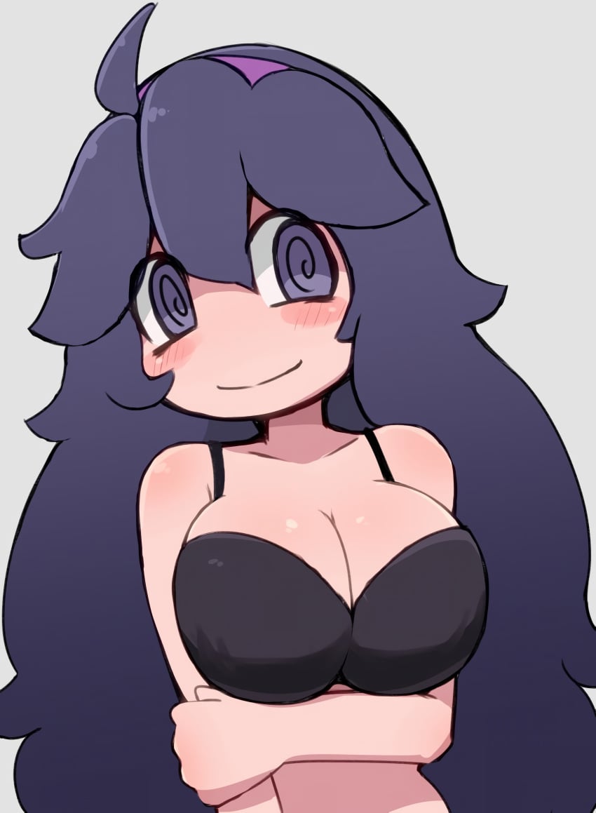 1girls big_breasts blush bra breasts cleavage headband hex_maniac hi_res light_skin long_hair looking_at_viewer makino_nono nintendo pokemon pokemon_xy purple_eyes purple_hair simple_background smile smiling_at_viewer solo