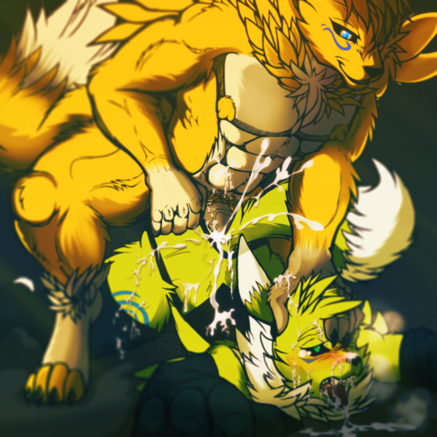 bandai_namco blue_eyes blush bodily_fluids cum cum_in_ass cum_inside digimon digimon_(species) father father_and_child father_and_son fur genital_fluids genitals girly green_eyes hi_res incest kalen_digitalis koda_the_renamon looking_pleasured male male/male mature_male muscular muscular_male nialus parent parent_and_child parent_and_son penis renamon son yaoi yellow_body yellow_fur