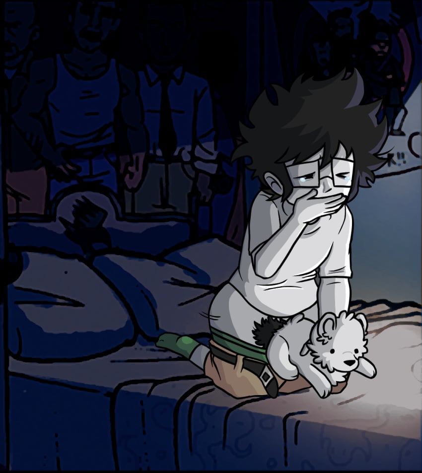 1boy bambigutz bed bedroom covering_mouth hand_covering_mouth homestuck john_egbert plushie plushophilia solo solo_focus solo_male stuffed_animal stuffed_toy