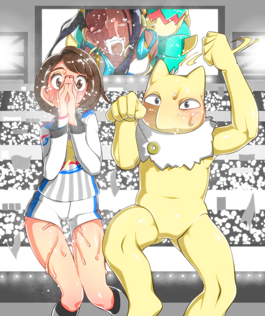 brown_eyes brown_hair cheering clenched_teeth dark-skinned_female dark_skin drednaw female gloria_(pokemon) gym_challenge_uniform highres hypno nessa_(pokemon) pendulum pokemon pokemon_(species) pokemon_swsh pokephilia pussy_juice sex sex_from_behind shirt short_hair shorts striped_clothes striped_shirt striped_shorts teeth white_shirt white_shorts yuuri_splatoon zoophilia