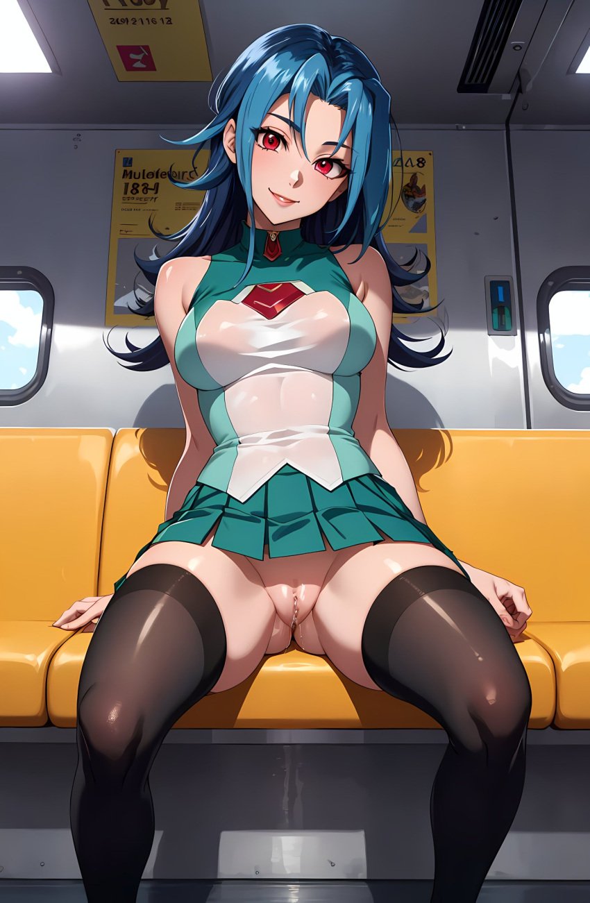 ai_generated blue_hair blush clothing female kamishiro_rio legwear looking_at_viewer no_bra no_panties pak-fa-t-50 pussy red_eyes rio_kamishiro school_uniform sitting solo thick_legs thick_thighs uncensored vagina yu-gi-oh! yu-gi-oh!_zexal