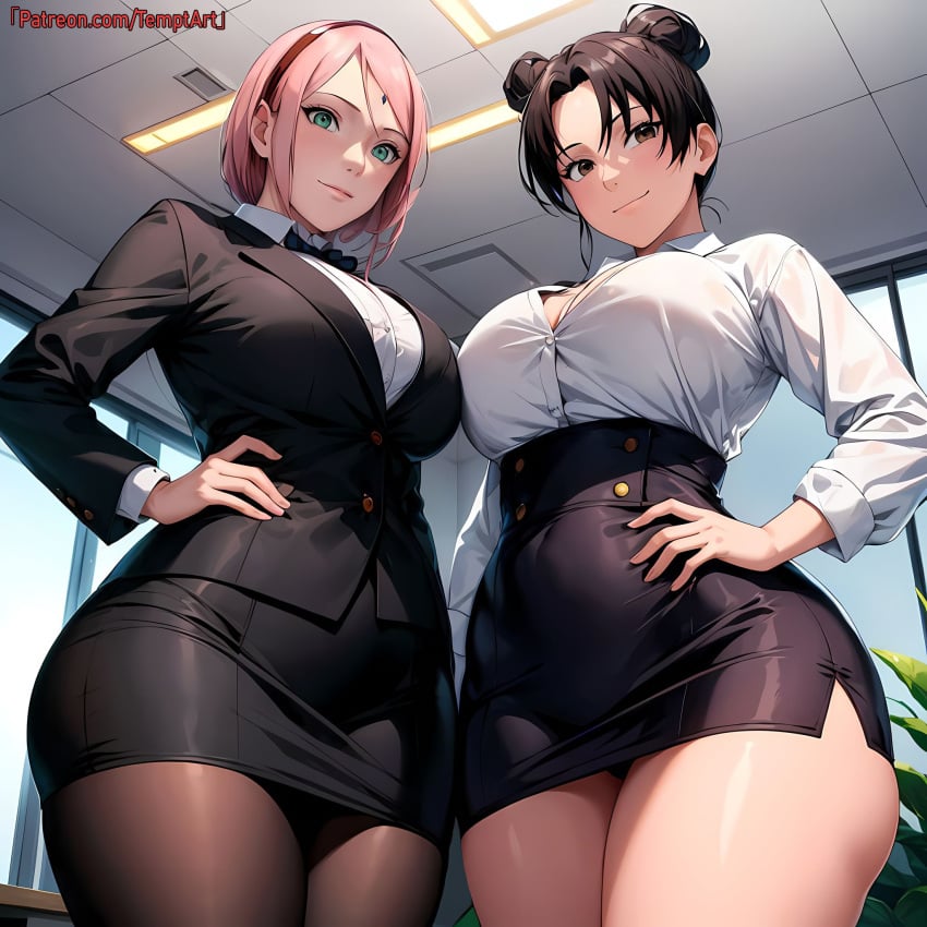 2girls ai_generated alternate_costume artist_name asymmetrical_docking bare_legs bare_thighs blazer boruto:_naruto_next_generations brown_eyes brown_hair cleavage commentary curvaceous curvy curvy_body curvy_female curvy_figure docking double_bun facing_viewer female female_only formal formal_clothes front_view green_eyes hourglass_figure indoors light-skinned_female light_skin long_hair looking_at_viewer mature mature_female multiple_girls nai_diffusion naruto naruto_(series) no_bra office office_lady pantyhose patreon_username pink_hair sakura_haruno shirt skirt slim_waist stable_diffusion stockings take_your_pick temptart tenten thick_thighs thighs twin_buns unbuttoned_shirt url watermark web_address wide_hips