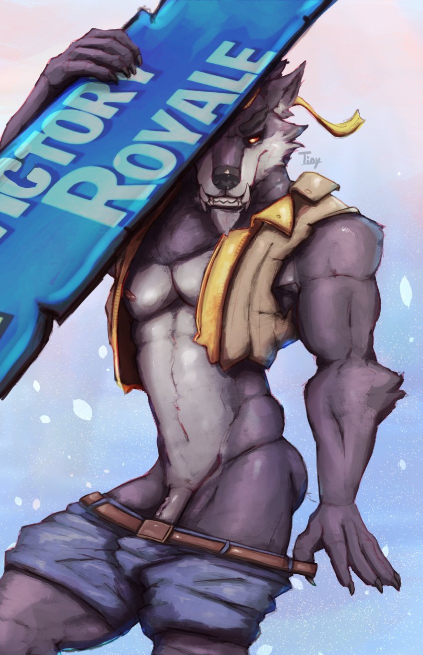 2023 abs absurd_res accessory anthro belt biceps big_muscles big_penis bottomwear bottomwear_down canid canine canis claws clothed clothing dire_(fortnite) english_text epic_games erection erection_under_clothing eyebrows fortnite fur genitals headband hi_res holding_object looking_at_viewer male male_focus male_only mammal muscular muscular_anthro muscular_male navel nipples open_clothing open_topwear open_vest pants pants_down partially_clothed pecs penis penis_base seductive sign signature simple_background smile solo solo_male standing teeth text topwear toroi tuft undressing vest victory_royale were werecanid werecanine werewolf wolf