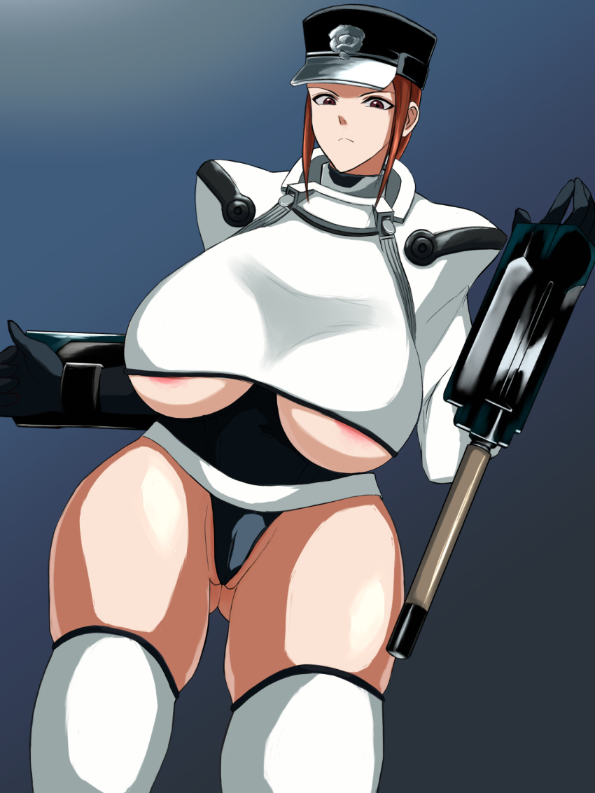 areola_slip bikini brown_eyes brown_hair female gouketsuji_ichizoku large_areolae large_breasts looking_at_viewer mature_female milkcarton_man police police_hat police_uniform policewoman short_hair solis_r8000 steam sweat sweatdrop thick_thighs thighhighs thighs weapon