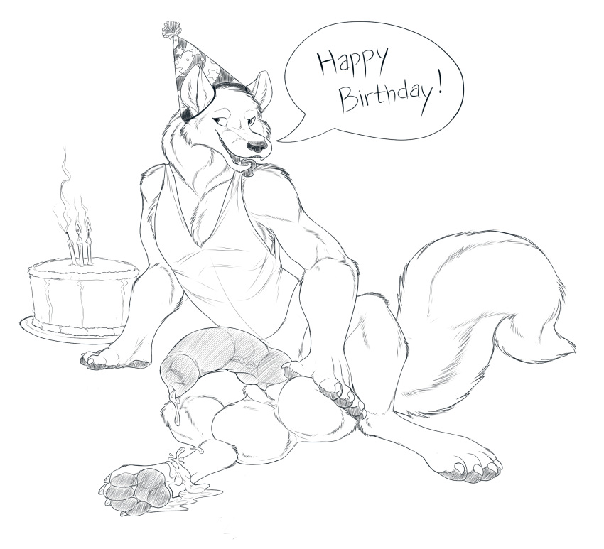 2018 5_fingers anthro balls big_balls big_penis birthday_cake black_nose bodily_fluids bottomless bottomless_anthro bottomless_male cake candle canid canine canis claws clothed clothing cum dessert digital_media_(artwork) english_text finger_claws fingers fluffy fluffy_tail food genital_fluids genitals hat hatching_(art) headgear headwear hexacult hi_res huge_balls huge_cock lit_candle looking_aside male mammal monochrome party_hat pawpads penis shaded sitting solo speech_bubble tail text toe_claws tongue tongue_out topwear topwear_only touching_balls wolf