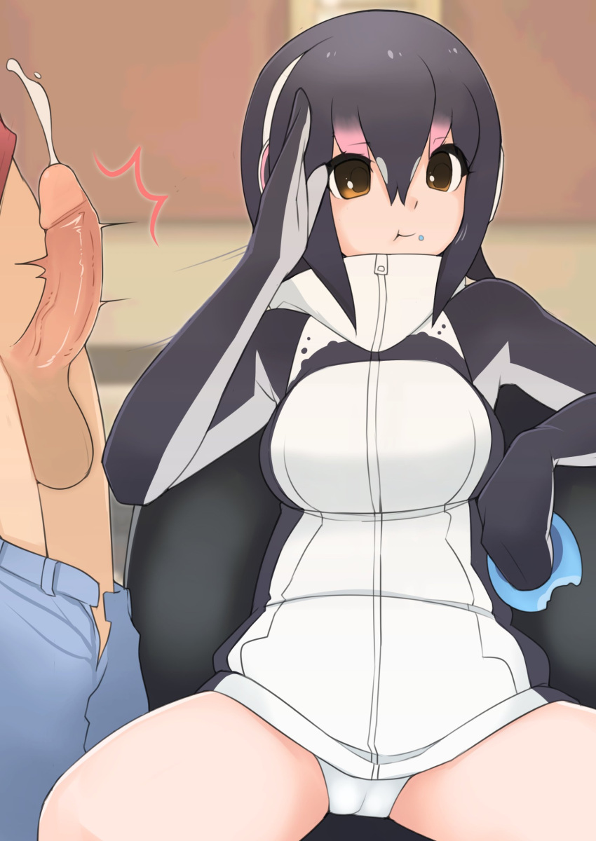 1boy 1girls :t absurdres black_coat black_hair blue_pants breasts closed_mouth coat commentary_request cum eating ejaculation feet_out_of_frame female food food_on_face gradient_hair hair_between_eyes highres humboldt_penguin_(kemono_friends) japari_bun kemono_friends large_breasts light-skinned_female light-skinned_male light_skin long_bangs long_hair looking_to_the_side multicolored_coat multicolored_hair no_pants ollie_(ollie_stratos) panties pants penis pink_hair sitting slapping_penis smile solo_focus straight testicles two-tone_coat underwear white_coat white_panties zipper