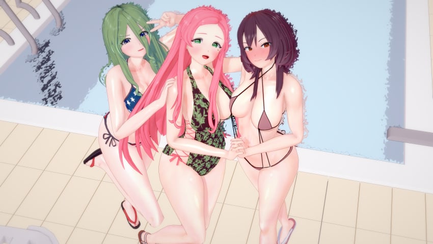 100_kanojo 3d 3girls american_flag_bikini blue_eyes bonnouji_momoha brown_hair cleavage female female_only green_eyes green_hair hair_over_one_eye hanazono_hahari holding_hands kimi_no_koto_ga_dai_dai_dai_dai_daisuki_na_100-nin_no_kanojo large_breasts long_hair looking_at_viewer looking_down mature_female milf mole_under_eye one-piece_swimsuit pink_hair pool posing posing_for_picture posing_for_the_viewer red_eyes side-tie_bikini string_bikini swimming_pool swimsuit the_100_girlfriends_who_really_really_really_really_really_love_you tsumi v yamato_nadeshiko_(100_kanojo)