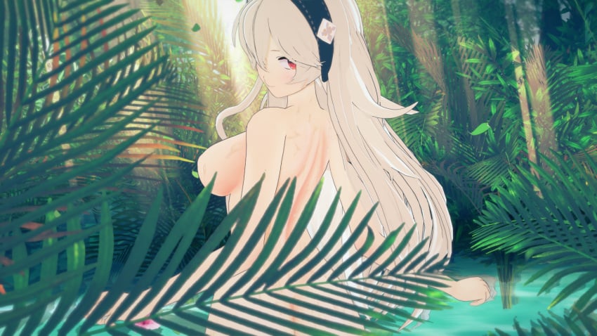 3d ass back back_view bare_back bath big_ass blonde_hair breasts caught completely_nude corrin_(fire_emblem) corrin_(fire_emblem)_(female) fire_emblem fire_emblem_fates forest grey_hair hairband leaf looking_at_viewer looking_back medium_breasts natsuko nintendo nude nude_female onsen outdoors peeping pond pov red_eyes smile tree wet