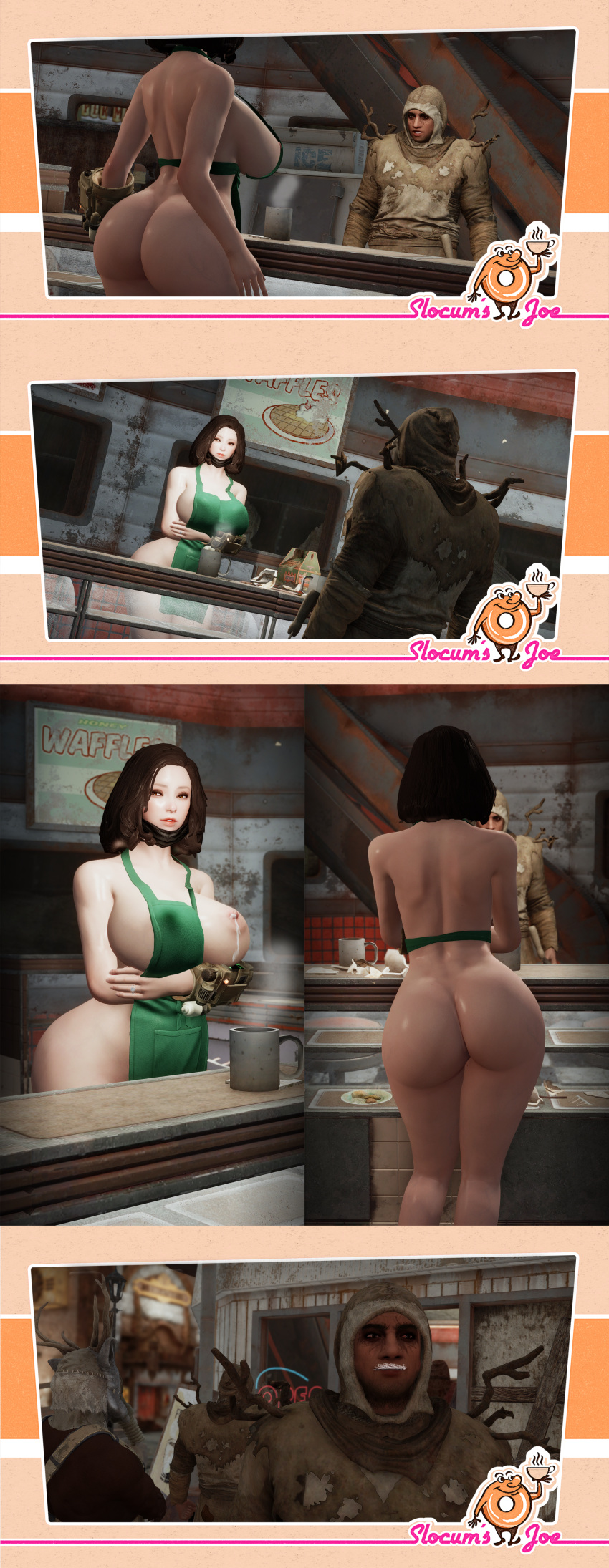 3d 3d_(artwork) apron apron_only bethesda_softworks emotrashcan fallout iced_latte_with_breast_milk screenshot screenshot_edit starbucks_barista starbucks_parody vault_dweller