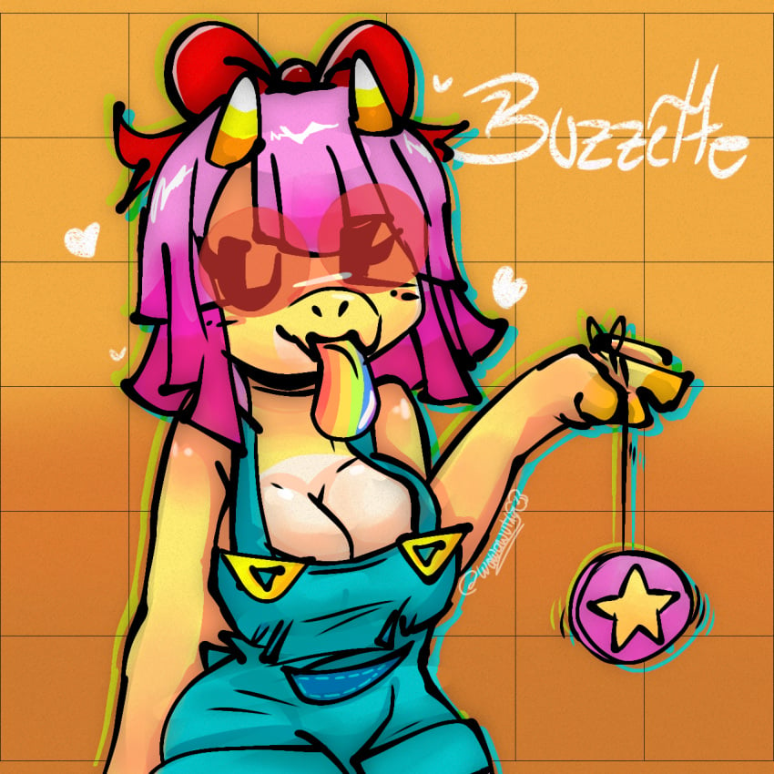 big_thighs bow_ribbon brawl_stars breasts buzz_(brawl_stars) buzzette hi_res overalls pink_hair tagme thighs wawawuthzy yellow_body