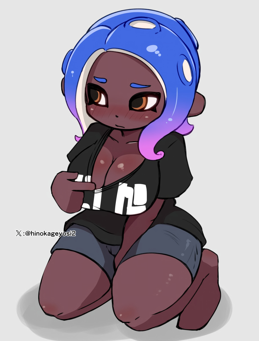 1girls artist_signature big_breasts blue_hair blush breasts cleavage commission dark_skin hi_res kneeling looking_away makino_nono nintendo octoling octoling_girl orange_eyes presenting shirt shirt_pull shorts solo splatoon splatoon_(series) t-shirt thick_thighs thighs wide_hips