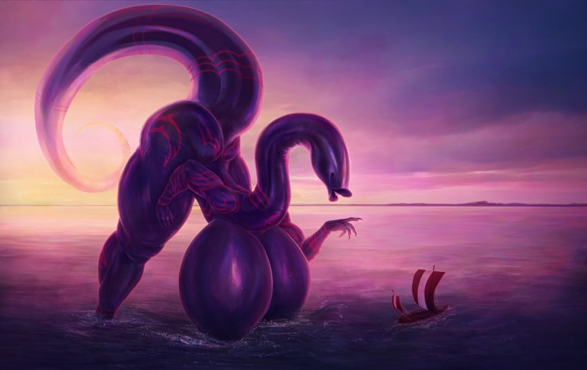 annelid anthro ass big_breasts black_body black_skin breasts demon digital_media_(artwork) female hi_res inkor jinn leech lips macro muscular muscular_anthro nude sea ship solo sunset tail tattoo vehicle water watercraft yetzer_hara