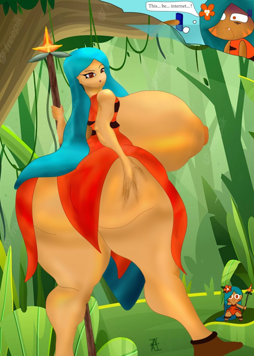 1girls ass big_ass blue_hair breasts cookie_run dark-skinned_female grabbing_ass grabbing_own_ass huge_ass jungle jungle_background just_a_inkling massive_breasts tagme tiger_lily_cookie