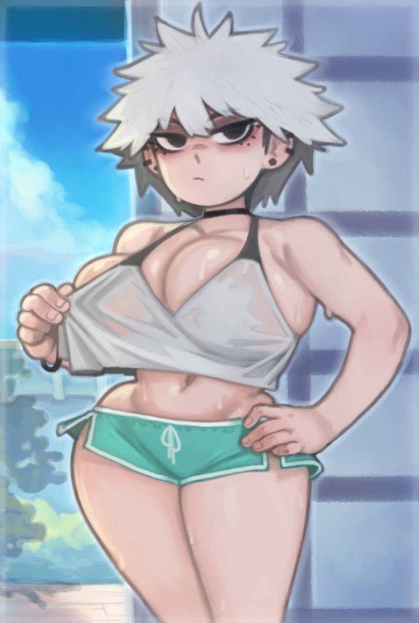 1girls breasts female hi_res hips kelvin_hiu large_breasts original original_character sweat sweaty_body tank_top thick_thighs thighs white_hair wide_hips yuki_(kelvin_hiu)