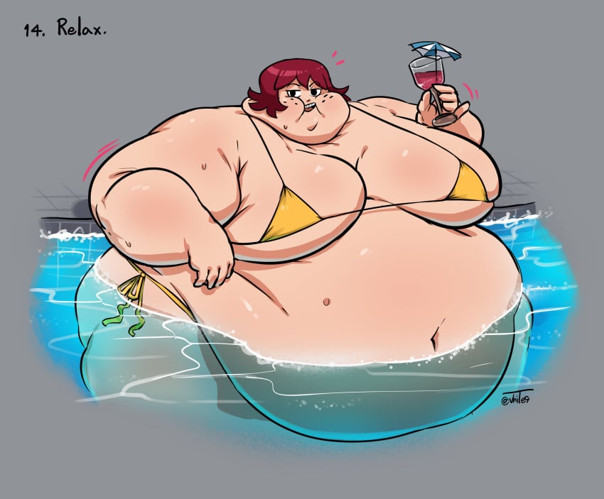 1girls bikini black_eyes drink fat female freckles glass gold_bikini holding_object kim_pine morbidly_obese obese overweight partially_submerged pool red_hair scott_pilgrim scott_pilgrim_takes_off short_hair solo solo_female vhite9 water wet wet_body