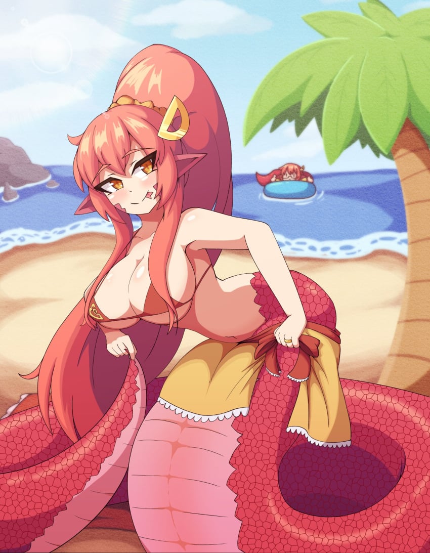 1girls :p amber_eyes beach bent_over bikini female female_only forked_tongue hi_res high_ponytail lamia long_hair looking_at_viewer miia's_mother_(monster_musume) miia_(monster_musume) monster_girl monster_musume_no_iru_nichijou pointy_ears ponytail red_hair seaside slit_pupils smiling smiling_at_viewer solo solo_female vadaboob wedding_ring