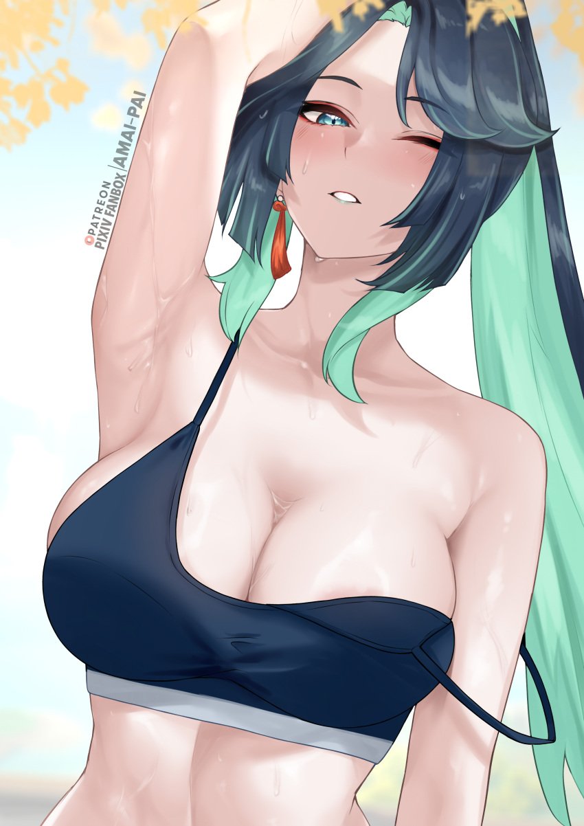 1girls amai-pai armpits crop_top genshin_impact large_breasts lipstick long_hair multicolored_hair solo_female sports_bra sweat teal_eyes xianyun_(genshin_impact)