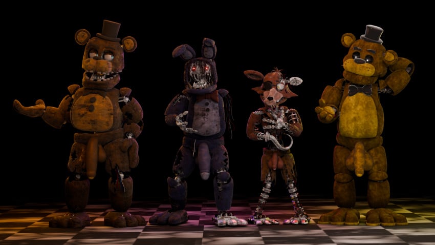 animatronic anthro bear bonnie_(fnaf) canid canine five_nights_at_freddy's fox foxy_(fnaf) freddy_(fnaf) golden_freddy_(fnaf) group hi_res hyper ingame_model lagomorph leporid machine male male/male mammal rabbit robot scottgames showoff tagme teasing zaneanimations