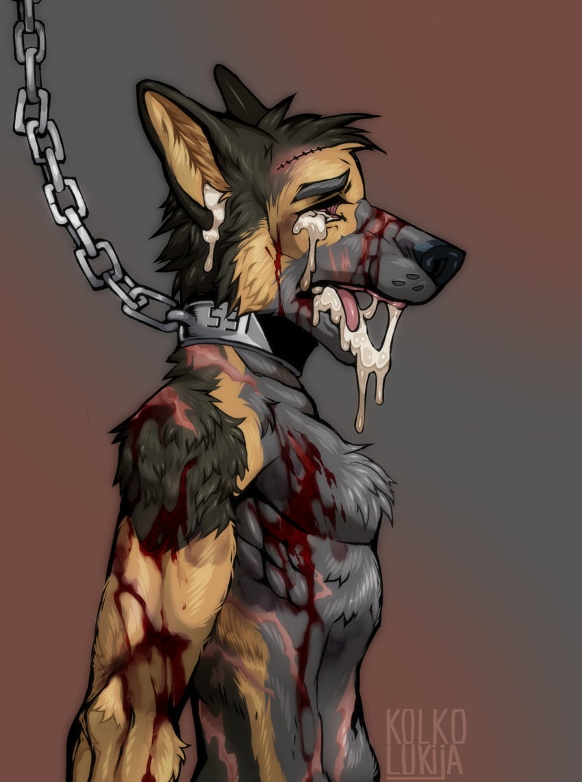 absurd_res ai_generated anthro blind bodily_fluids canid canine canis chains collar cum disability domestic_dog genital_fluids gore hi_res kolkolukija lobotomy male male/male mammal messy missing_teeth scar shepherd slave solo violence